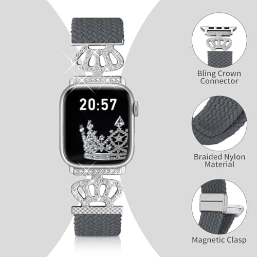 Chinber Braided Band Compatible with Apple Watch Bands 40mm 38mm 41mm 42mm 44mm 45mm 46mm 49mm,Magnetic Soft Nylon Stretchy Strap with Designer Bling Crown Strap for Series 10/9/8/7/6/5/4/3/2/SE/Ultra - Thumbnail 3