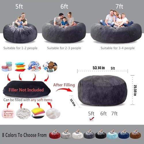 WFJOPR Bean Bag Chair for Adults Kids Oversize Giant Beanbag Chair Cover Without Filler Round Fluffy Comfortable Big Bean Bag Couch Chairs for Bedroom Lounge Large Sofa Sitting Chair,5FT Light Grey - Thumbnail 2