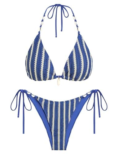 ZAFUL Women's Blue Striped Triangle Bikini Set Sexy Halter String Two Piece Swimsuit Crochet Brazillian Bathing Suit Cheeky Cute Swimwear, Medium - Image 1