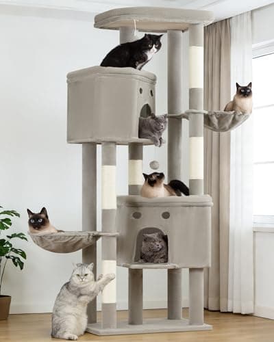 Extra Large Cat Tree, 84 Inch XXL Giant Cat Tower for Indoor Cats Large Adult 20lb+, Multi-Level Cat Climbing Condo with 5 Scratching Posts, 3 Wide Platform Perches, 2 Baskets, 2 Cat Caves, Light Grey