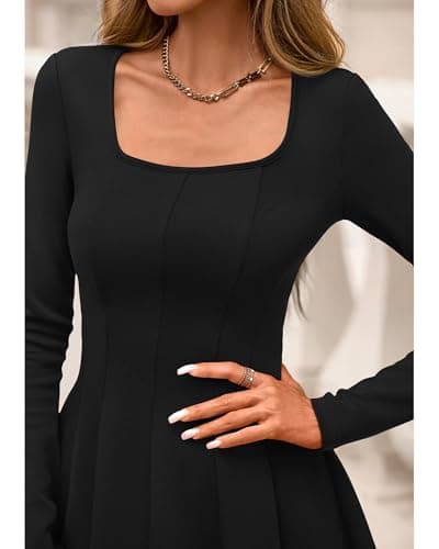 BTFBM Square Neck Dress for Women Casual Spring Long Sleeve Knit Pleated Elegant Classy 2026 Fall Cocktail Mini Dresses(Black, X-Large) - Thumbnail 5