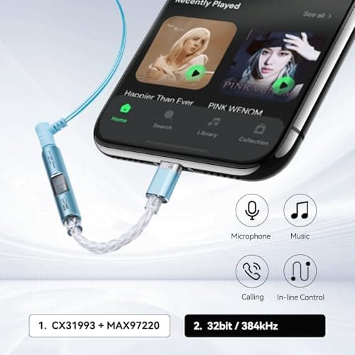 NK1 MAX USB C to 3.5mm Female Headphone Jack Adapter, Hi-Res 32bit/384KHz USBC to Aux Audiophile DAC Dongle Adapter with Silver-Plated OCC Cable, Compatible with iPhone 16/Android/Tablet/PC(Silver) - Thumbnail 5