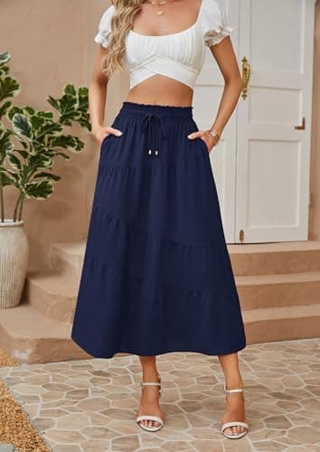ECOWISH Women Boho Maxi Skirt: Summer Asymmetric Tiered Drawstring Elastic High Waist A-Line Flowy Long Skirts with Pockets 441 Navy Blue XL - Thumbnail 5