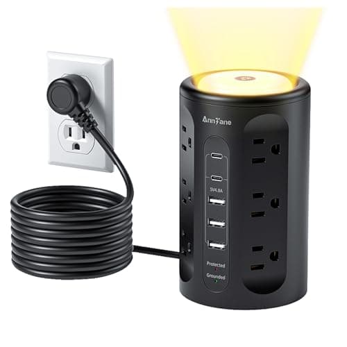 AnnTane Power Strip Tower with Night Light, Power Strip Surge Protector with USB Ports, Extension Cord 10 FT with Multiple Outlets (12AC+3A+2C) for Home Office Desk DormRoom (Black)