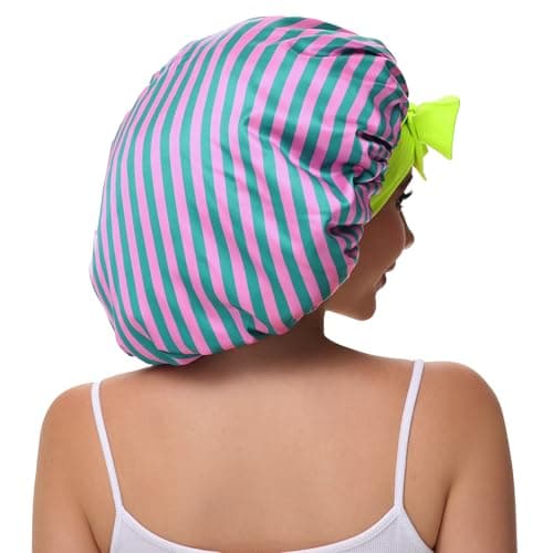 Vettres Satin Bonnet for Curly Hair Silk Sleeping Bonnets Double Layer Satin Bonnet with Tie Hair Cap for Sleep Red Green Stripes - Thumbnail 3