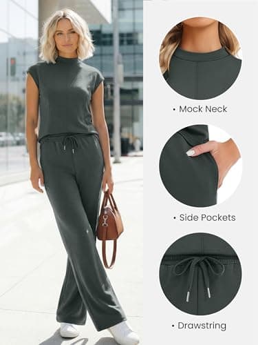 Casly Lamiit Two Piece Sets for Women Casual Summer Outfit Lounge Short Cap Sleeve Wide Leg Pants Set Beach Vacation Travel Outfits Dark Grey Green 2XL - Thumbnail 2