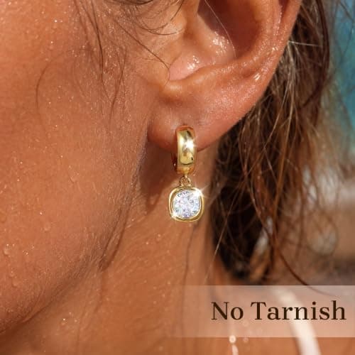 Trendy Gold Dangle Earrings for Women,14K Gold Plated Drop Earring Huggie Chunky hoop Earrings With Bezel-Set Statement Cubic Zirconia Charm Lightweight Hypoallergenic Jewelry Accessories Gifts for Women - Thumbnail 3