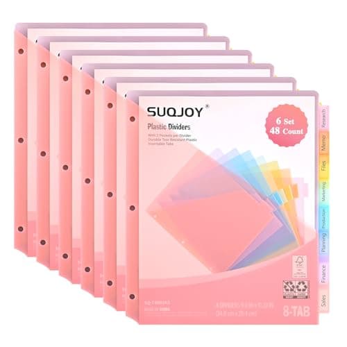 8-Tab Dividers for 3 Ring Binder, 48 Count Binder Dividers with Pockets, Subject Dividers, 3-Hole Plastics Sheets Protectors for US Letter Size in 0.5", 1",2" Binders, Vibrant 8 Color, 6 Packs - Image 1