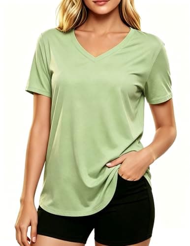 LETSEE Short Sleeve V-Neck Top Women’s Workout Shirt Loose Fit Stretch T-Shirt Casual Tee for Daily Wear and Travel Sage Green - Image 1