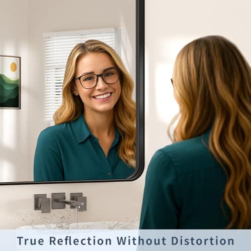 Venlus 55×30 Black Vanity Mirror for Bathroom Sink - Rectangle Aluminum Frame Mirror with Tempered Glass & Rounded Corners for Living Room, Hallway, Horizontal/Vertical, Home Decor - Thumbnail 4