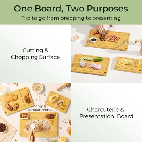 Keechee Wood Cutting Board for Kitchen - Reversible Bamboo Cutting Boards Gift Set of 3 with Juice Groove, Wooden Chopping Board for Meat, Fruit, Vegetables & Cheese (Pre Oiled, Natural) - Thumbnail 3