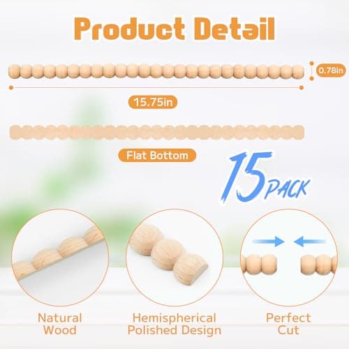 COMTAR Half Bead Wood Decorative Trim Molding 15pcs- 17 Inch Unfinished 3D Decorative DIY Drawer Front Cabinet Trim for Home, Wall, Shelf, Window, Door Decor (20mm) - Thumbnail 2
