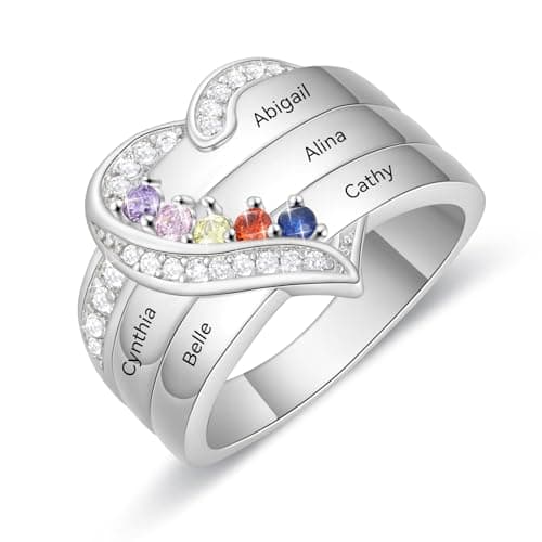 Zoesky Personalized Hearth Ring with 2-5 Birthstones Custom Name Engagement Wedding Promise Birthstone Ring Mothers Day Christmas Birthday Gifts for Mom Grandma Wife (5stone, 6) - Image 1
