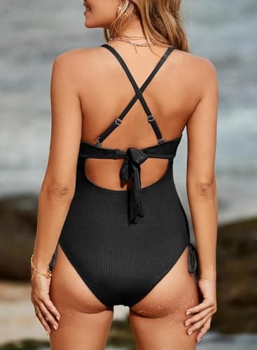 Aleumdr Women's Ribbed One Piece Swimsuit Tummy Control Bathing Suit Cheeky V Neck High Cut Cross Back Swimwear Black Small - Thumbnail 2