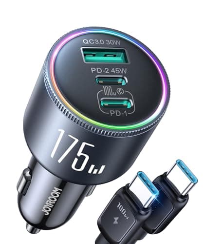 JOYROOM 175W Super Fast Car Charger [GaN] 3-Port Car Charger USB C Fast Charge with USB-C Cable, Car Cigarette Lighter USB Charger for iPhone 17/16/15, Samsung S26/25, Pixel 10, MacBook, iPad and More - Image 1
