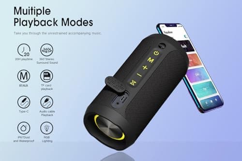 EDUPLINK Bluetooth Speaker, IPX7 Waterproof Portable Wireless Speaker with 20W Stereo Sound and Deep Bass, 20H Playtime, TWS Pairing, TF Card Slot, Black - Thumbnail 4