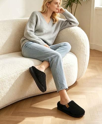 Evshine Memory Foam Fuzzy Slippers for Women Curly Fleece House Shoes Cozy Warm Indoor Slip on, Black 37 - Thumbnail 3