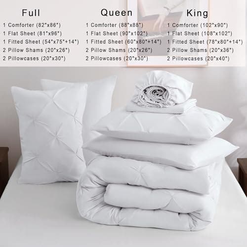 DOWNCOOL 7 Pieces White Full Size Comforter Sets, Pintuck Pinch Pleat Bed in a Bag, Soft Microfiber All Season Bedding Set for Bedroom with Sheets, Pillowcases & Shams - Thumbnail 6