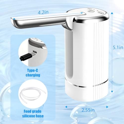 Water Dispenser Pump for 5 Gallon Water Bottles, USB Type-C Rechargeable with 1200mAh Battery, Foldable Spout, One-Touch Control (40s/80s), Powerful Suction for Home, Office, Camping - White - Thumbnail 4