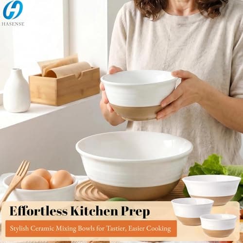 HASENSE Ceramic Mixing Bowls, Large Serving Salad Pasta Bowls Set, 2.1/1.0/0.5 Qt for Entertaining, White Nesting Batter Bowls for Prepping Baking, Dishwasher Microwave Safe, Set of 3 - Thumbnail 2