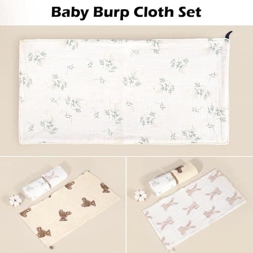 LIAORATELUO Muslin Burp Cloths 3-Pack, Large 20" x 10", 100% Cotton, Ultra-Absorbent for Newborns, Cute Neutral Prints, Multi-Use as Wash Cloths, Face Cloths & Baby Bibs - Thumbnail 6