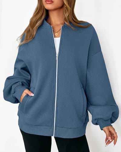 KIRUNDO Oversized Sweatshirt for Women Zip Up Bomber Jacket 2026 Fall Fashion Casual Long Sleeve Outerwear Winter Outfits(Blue, Small) - Thumbnail 4