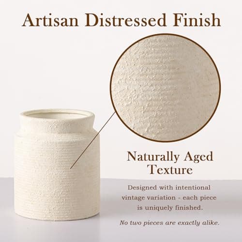 Ceramic Flower Vase 7.5 inch Farmhouse Rustic Vase for Home Decor Handcrafted Pottery Terracotta Vases for Dining Table Decor Fireplace Living Room Bathroom Wedding Centerpiece (M-Off White) - Thumbnail 5