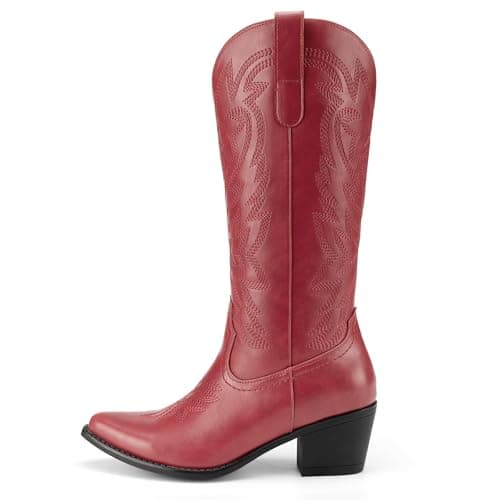 Athlefit Cowboy Cowgirl Boots for Women Fashion Low Chunky Heel Snip Toe Embroidery Western Mid Calf Boots Red Size 8.5 - Thumbnail 4