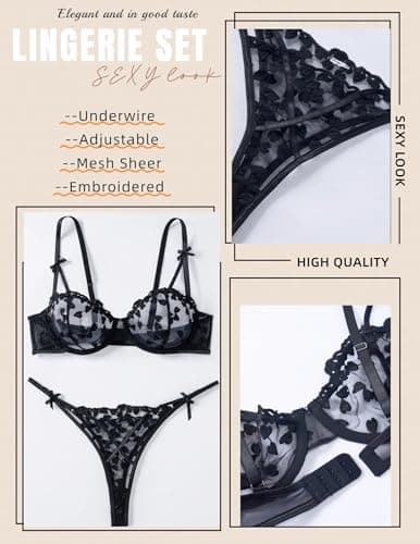Avidlove Sexy Lingerie Set for Women Underwire Lingerie Cute Push Up Embroidered Bra and Panty Set Black XXL - Thumbnail 5