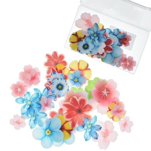 YOcity 70Pcs Edible Flowers Cake Toppers Cupcake Topper Luau Hawaii Flowers Wafer Paper Flower Cake Decorations for Wedding Birthday Baby Shower Party Supplies Mixed Size & Colour