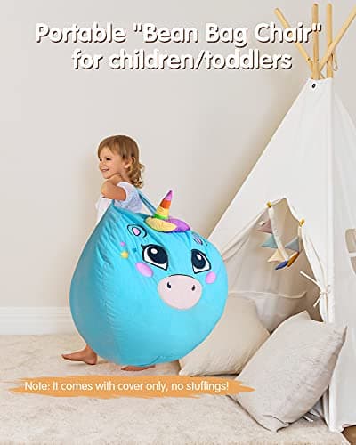 Aubliss Stuffed Animal Storage, Velvet Bean Bag Chairs Cover, Large 32" Ultra Soft Kids Toy Storage Organizer for Blankets Towels Clothes, Blue Big Eyes - Thumbnail 5