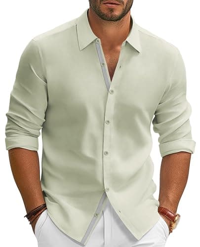 PJ PAUL JONES Mens Casual Solid Dress Shirts Regular Fit Button Up Long Sleeve Shirt Wrinkle Free Business Shirt Spring Light Green - Image 1