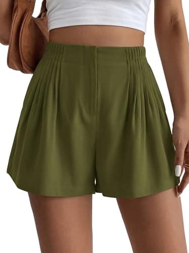 BTFBM Womens Shorts Casual 2026 Spring Summer Elastic High Waisted Pleated Cotton Shorts Beach Vacation Outfits Pockets(Army Green, X-Large) - Image 1
