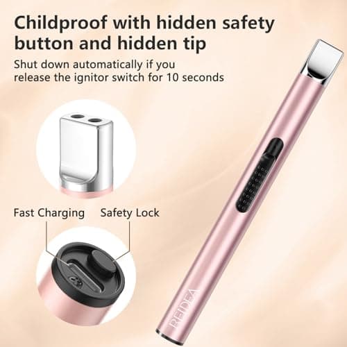 REIDEA Candle Lighter Long USB Rechargeable Arc Windproof Flameless with Safety Switch Buttom for Home Kitchen BBQ Camping Stove - Thumbnail 5