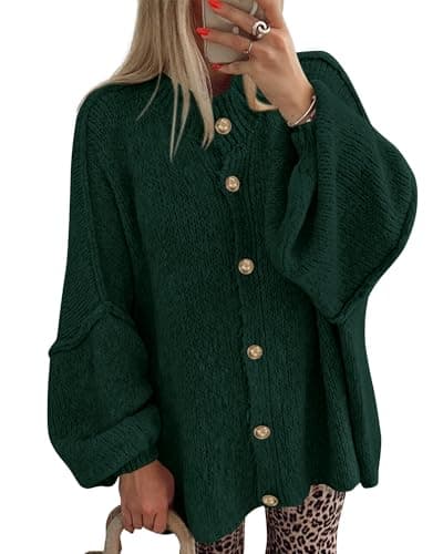 BTFBM Cardigan Sweaters for Women 2026 Fall Clothes Lantern Long Sleeve Button Open Front Chunky Knit Oversized Sweater(Dark Green, X-Large) - Image 1
