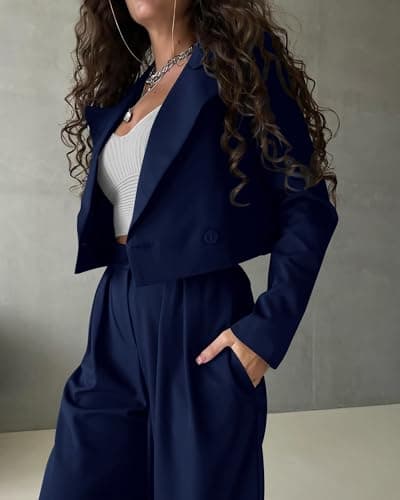 KIRUNDO Womens Blazers for Work Casual Long Sleeve Cropped Blazer Pleated Wide Leg Pants Sets 2 Piece Outfits Spring Fall Fashion Teacher Clothes(Navy, Medium) - Thumbnail 4