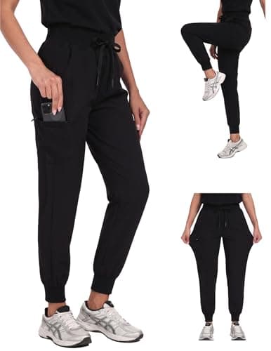 VECARDI Women's Scrub Jogger Pants High Waisted Stretch Nurse Work Bottoms 5 Pockets Elastic Waist Slim Fit Black