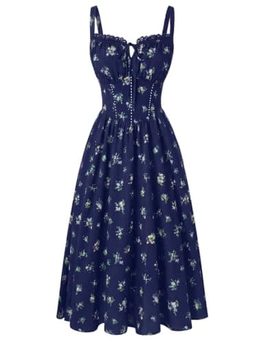 Scarlet Darkness Women 2026 Floral Corset Dress Summer Milkmaid Sundress Wedding Guest Dresses with Pockets Navy Floral M - Image 1