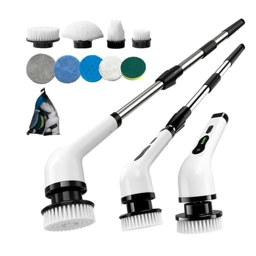 Kingwell Electric Spin Scrubber, Cordless Electric Scrubber for Cleaning with 9 Brush Heads, 2 Speeds,3 Adjustable Handle, 90Mins Work Time, Shower Scrubber for Bathroom, Tub, Floor,White - Image 1
