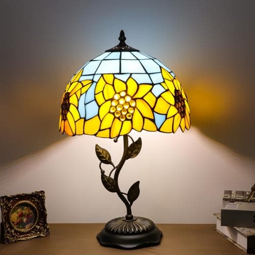 FILIUTF Stained Glass Table Lamp, Adjustable 3 Color Temperature, Sunflower Style Lampshade & Metal Leaf Base Desk Reading Light 12X12X19 Inches Decor for Bedroom Living Room Office - Thumbnail 2