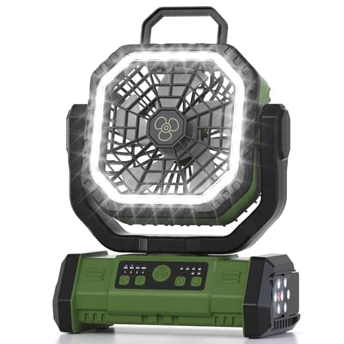 Honesorn Portable Rechargeable Fan 20000mAh, Camping Fan with LED Light & Remote, USB C Cordless Battery Powered, 4 Speeds Timer Hanging Hook for Travel Tent Outdoor Essentials - Green