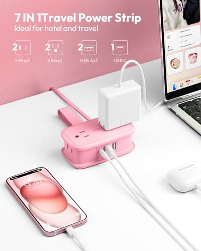 NTONPOWER Pink Travel Power Strip,Travel Essentials 4 Outlets 3 USB(1 C) with 4FT Wrapped Extension Cord Flat Plug, Cruise Essentials 2026 for Hotel Travel Cruise Essentials - Thumbnail 3
