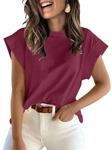 ZDC Women's Cap Sleeve T Shirts 2025 Basic Summer Tank Tops Crew Neck Loose Fit Solid Tee Burgundy - Image 1