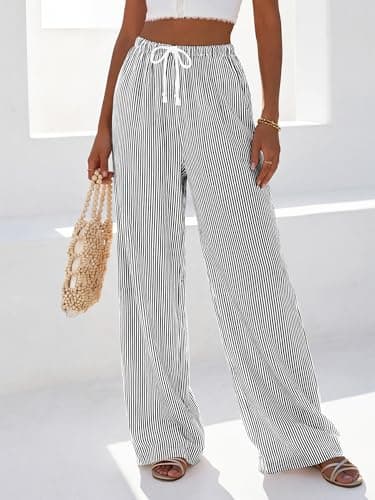 BTFBM Striped Wide Leg Pants for Women Spring Summer 2026 Drawstring Lounge PJ Beach Bottoms Casual Trousers Pockets(Black, Large) - Thumbnail 2
