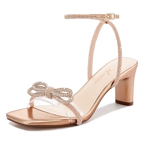 Athlefit Women's Rhinestone Bow Heels Open Square Toe Block Low Heel Sandals Dressy Buckle Heeled Champagne Prom Heels Size 7