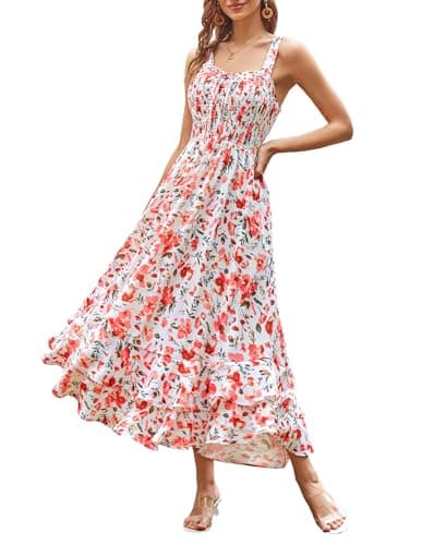 GRACE KARIN Women's 2026 Summer Floral Boho Dress Square Neck Strapped Swing A Line Sundress Beach Long Maxi Outfits Pink Floral 2XL - Image 1