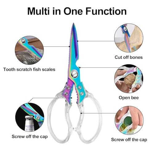 CGBE Kitchen Scissors, Multi-Purpose Kitchen Shears, Heavy Duty Food Scissors for Chicken, Poultry, Fish, Meat & Herbs with Non-Slip Grips (Transparent Colorful) - Thumbnail 2