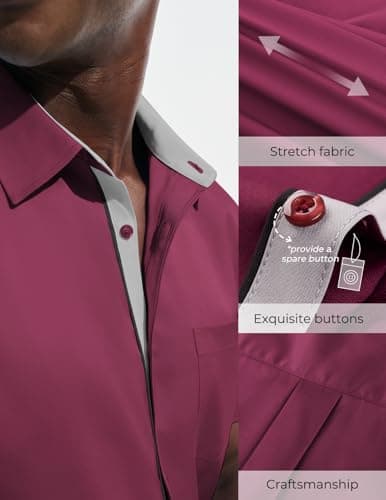 PJ PAUL JONES Mens Short Sleeve Casual Dress Shirt Solid Button Up Formal Business Shirts Lightweight Untucked Shirts XL Burgundy - Thumbnail 3