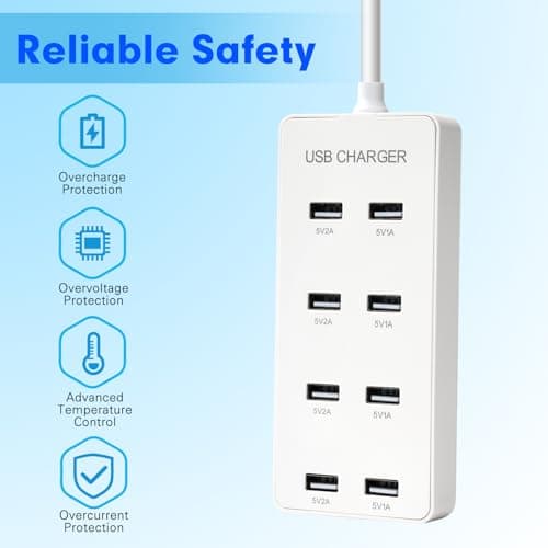 USB Wall Charger USB Charging Station for Multiple Devices 8-Ports Power Hub Strip Smart Charger Block Compatible with iPhone, Galaxy, iPad Tablet, and Other Devices（White） - Thumbnail 2