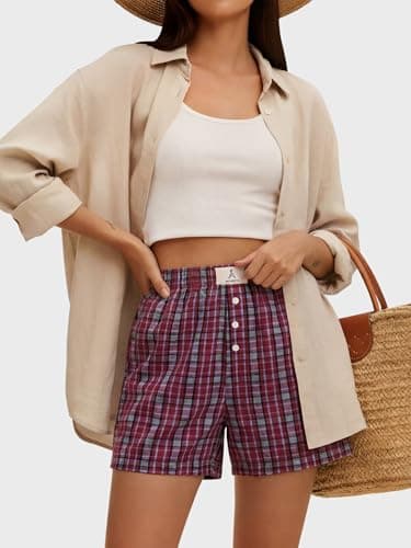 ANRABESS Shorts for Women 2026 Summer Casual Lounge Pajama Sleep Gingham Boxer Shorts Soft Comfy Beach Pj Bottoms Pockets Red Grey Plaid Large - Thumbnail 5